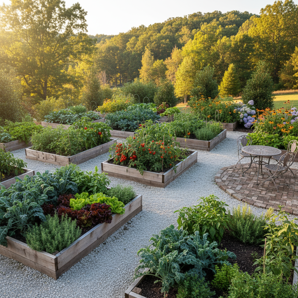 A meticulously designed edible garden integrated into a suburban NC Piedmont backyard, shown in photographic realism. Rectangular cedar raised beds overflow with leafy greens, tomatoes, peppers, and herbs, arranged in a clean, geometric pattern beside a small brick patio. Native perennials and flowering shrubs border the garden, creating a transition to a gentle hillside beyond. Warm, slightly angled afternoon sunlight illuminates the foliage, casting crisp yet soft-edged shadows across a crushed-stone path. Shot from an eye-level perspective with a slight diagonal composition that leads the eye through the beds toward the background trees. The atmosphere is organized and abundant, highlighting how edible gardens can be both beautiful and highly functional.