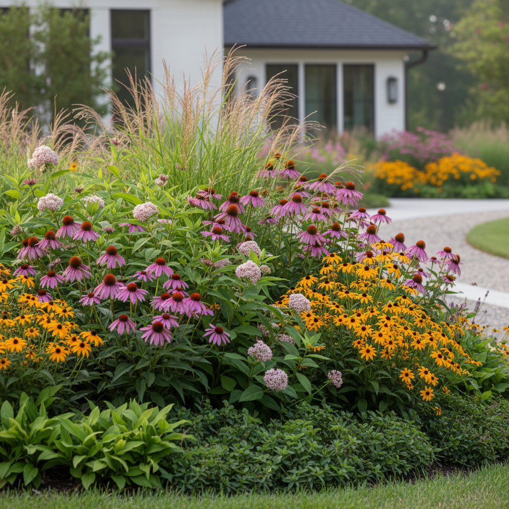 A close-up, photographic view of a lush native pollinator habitat bed in an NC Piedmont residential garden. Clumps of coneflower, black-eyed Susan, and native grasses sway on a gentle hill, interplanted with milkweed and groundcovers. Bees and butterflies are suggested by soft motion blur or small, out-of-focus shapes, without becoming the main subject. The background reveals a hint of a tidy, modern home and a permeable gravel path, softly blurred with shallow depth of field. Soft morning light filters across the blooms, creating a serene, dewy atmosphere with delicate highlights on petals and seed heads. The mood is vibrant yet peaceful, emphasizing ecological function and refined, boutique design sensibility.