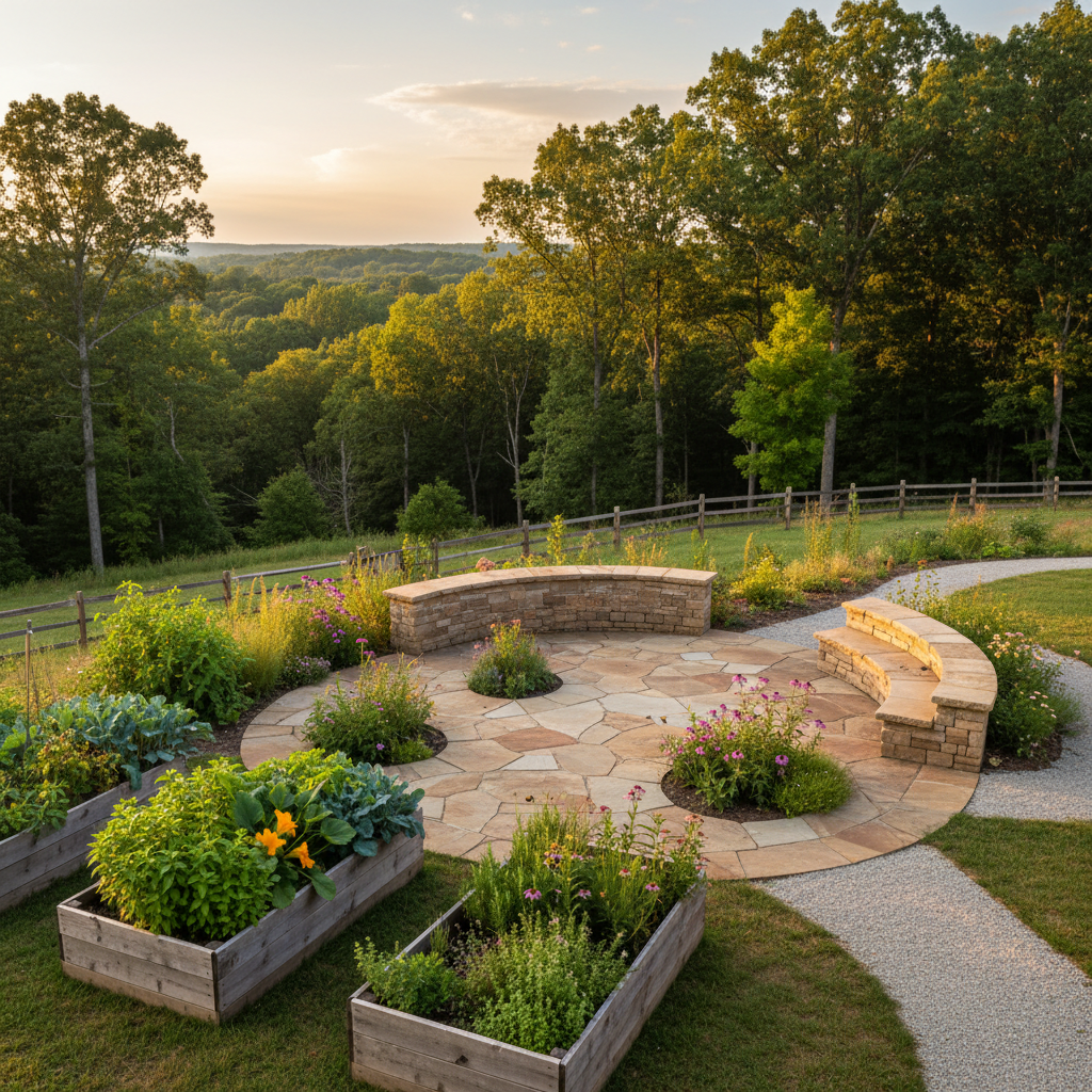 A detailed backyard outdoor living space in the NC Piedmont, showcasing a custom stone patio with a low seating wall, integrated planting pockets, and a small native pollinator garden bordering the edges. Raised beds bursting with herbs and vegetables line one side, while a simple gravel path curves toward a distant, tree-lined fence. Golden hour light washes across the patio, emphasizing the warm tones of the stone and the vibrant greens of the edible garden. Photographic realism, slightly elevated angle to capture the full layout, with crisp focus and a calm, inviting atmosphere. Subtle hills in the background root the scene in a gently rolling landscape, expressing thoughtful, sustainable design.