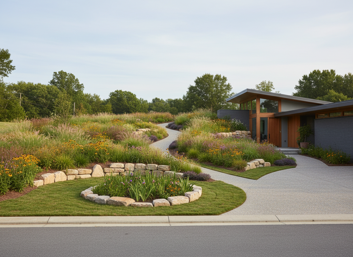 A sustainable, modern front-yard replacement for a traditional lawn in the NC Piedmont, captured in photographic realism. A broad, gently sloping yard is filled with mixed native meadow-style plantings, bioswales edged with river rock, and a discrete rain garden collecting runoff from the driveway. A narrow, permeable paver walkway winds to the front door of a contemporary home. Late-afternoon, slightly overcast light yields soft, even illumination, revealing subtle color variations in grasses, flowers, and stone. Shot from a slightly elevated street-side angle, with balanced composition emphasizing the layered planting structure and stormwater features. The mood is quietly confident and forward-thinking, showcasing sustainable design solutions that still feel polished and intentional.