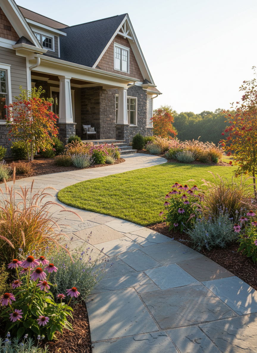 A professionally designed residential front yard in the NC Piedmont, featuring a graceful curving stone walkway leading to a modern craftsman-style home. The landscape is composed of layered native plant beds with flowering perennials, ornamental grasses, and small understory trees, arranged on a gentle hill. Mulched beds contrast with a lush, drought-tolerant lawn panel. Soft late-afternoon sunlight creates warm highlights on the stone and foliage, with long, gentle shadows adding depth. Photographic realism, eye-level composition using the rule of thirds, with sharp focus throughout to showcase textures of bark, leaves, and stone. The mood is polished yet welcoming, conveying a boutique, high-end landscape design studio’s finished project.