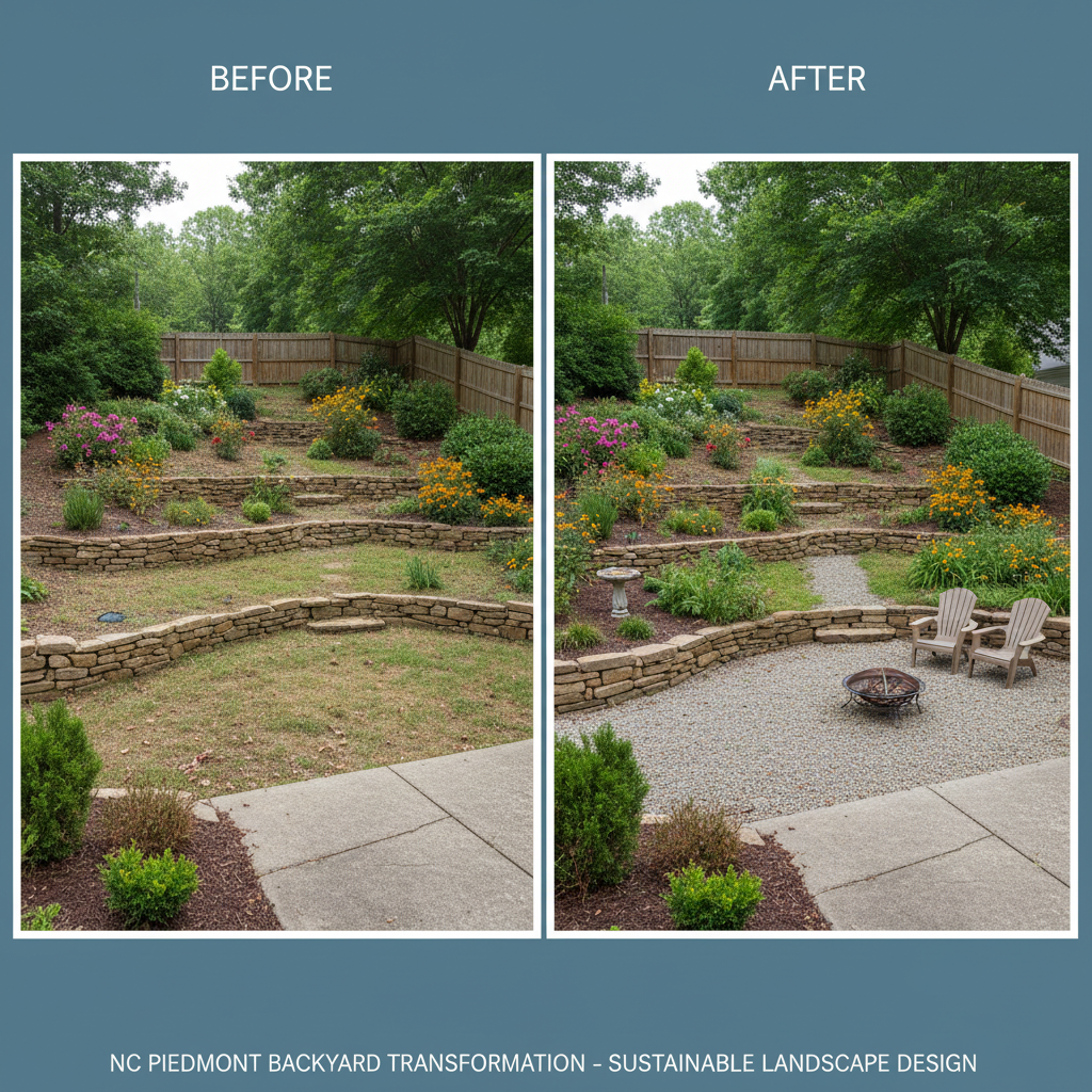 A side-by-side photographic composition showing a before-and-after NC Piedmont backyard transformation. On the left, a neglected, patchy lawn on a mild slope with minimal plantings and an aging concrete pad. On the right, the same space redesigned with a terraced hillside using natural stone, native shrubs, and flowering perennials, plus a compact gravel seating area. Overcast, diffused light ensures even exposure across both halves, emphasizing the contrast in structure, plant diversity, and usability. Shot from the same slightly elevated angle in both views, with sharp focus and balanced framing. The mood is aspirational and solution-focused, highlighting the impact of professional landscape design and sustainable grading solutions.