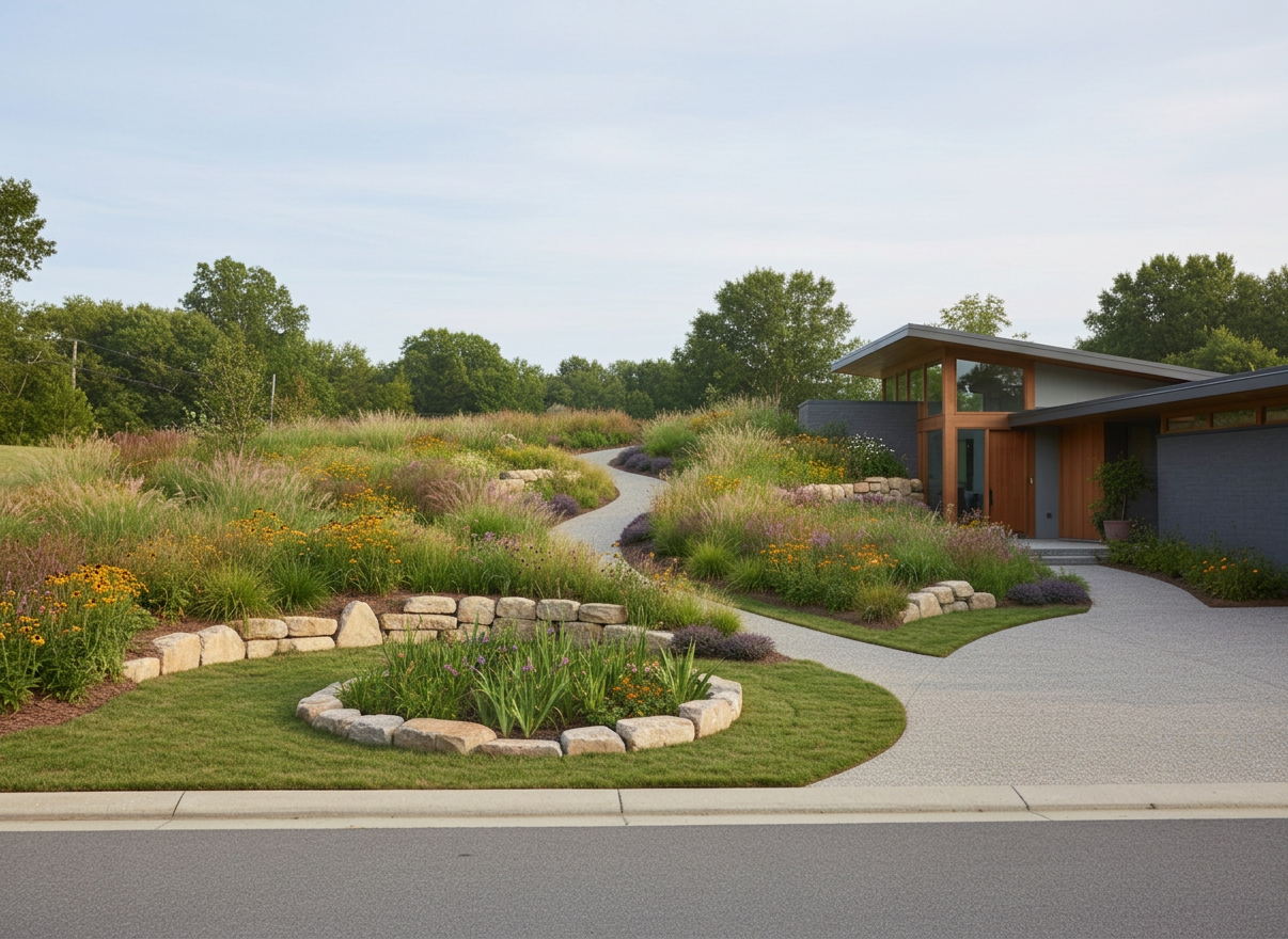 A sustainable front-yard lawn replacement in the NC Piedmont with native meadow plantings, bioswales edged in river rock, and a permeable paver walkway.