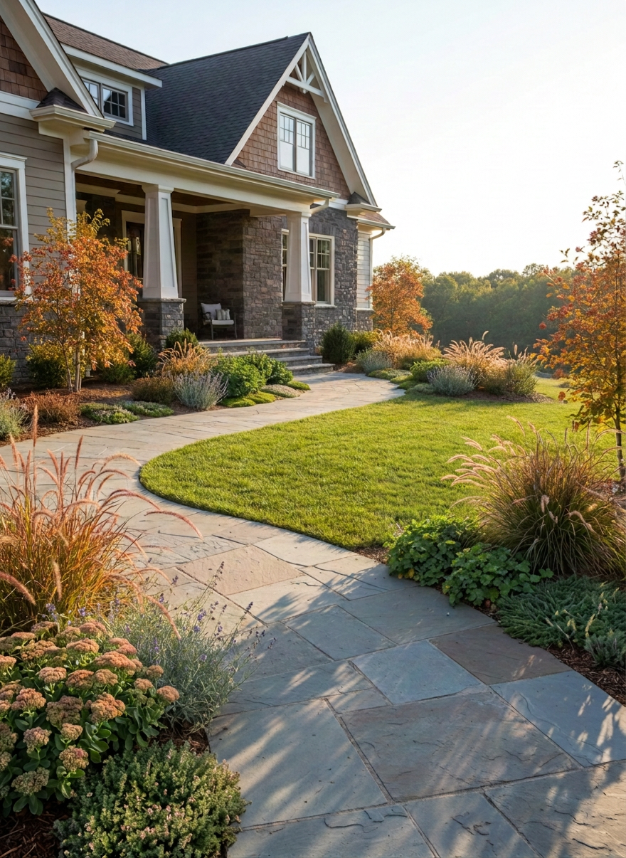 A professionally designed residential front yard in the NC Piedmont with a curving stone walkway, layered native plant beds, and warm late-afternoon light.