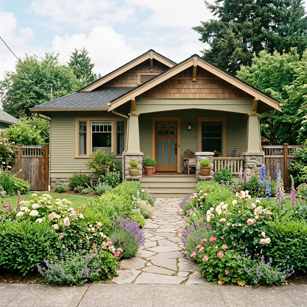 Front view of a Craftsman cottage with a stone pathway, lush flower beds, and a wooden porch.