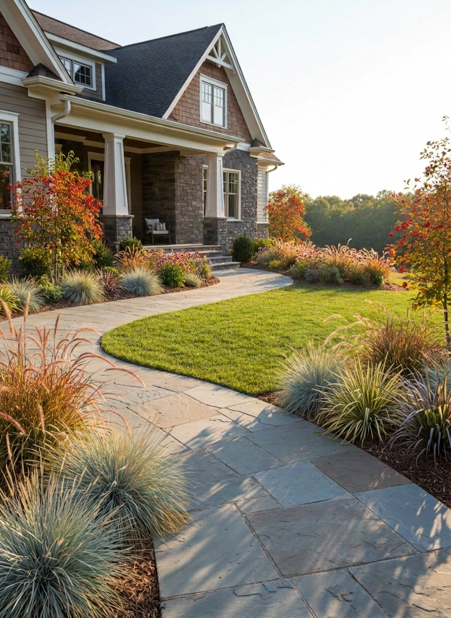 A professionally designed residential front yard in the NC Piedmont, featuring a graceful curving stone walkway leading to a modern craftsman-style home. The landscape is composed of layered native plant beds with flowering perennials, ornamental grasses, and small understory trees, arranged on a gentle hill. Mulched beds contrast with a lush, drought-tolerant lawn panel. Soft late-afternoon sunlight creates warm highlights on the stone and foliage, with long, gentle shadows adding depth. Photographic realism, eye-level composition using the rule of thirds, with sharp focus throughout to showcase textures of bark, leaves, and stone. The mood is polished yet welcoming, conveying a boutique, high-end landscape design studio’s finished project.