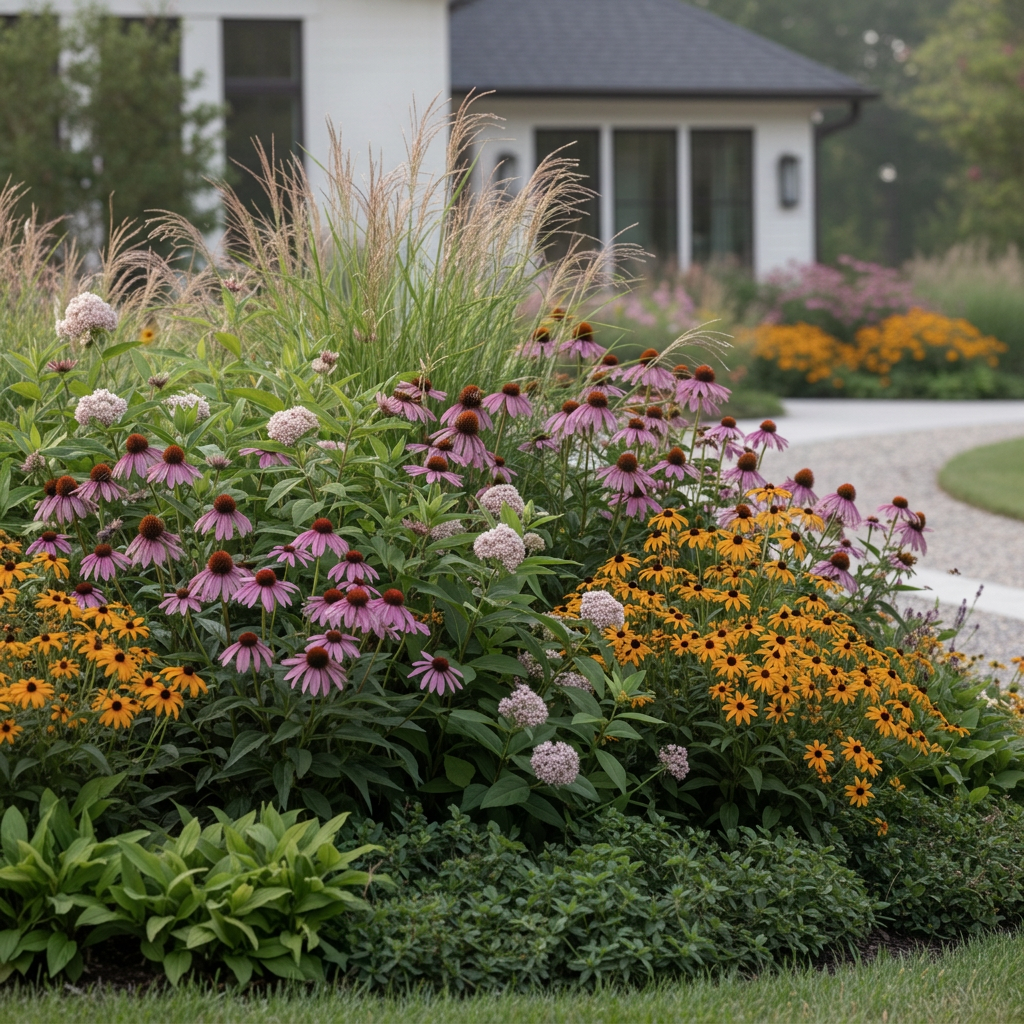 A close-up, photographic view of a lush native pollinator habitat bed in an NC Piedmont residential garden. Clumps of coneflower, black-eyed Susan, and native grasses sway on a gentle hill, interplanted with milkweed and groundcovers. Bees and butterflies are suggested by soft motion blur or small, out-of-focus shapes, without becoming the main subject. The background reveals a hint of a tidy, modern home and a permeable gravel path, softly blurred with shallow depth of field. Soft morning light filters across the blooms, creating a serene, dewy atmosphere with delicate highlights on petals and seed heads. The mood is vibrant yet peaceful, emphasizing ecological function and refined, boutique design sensibility.