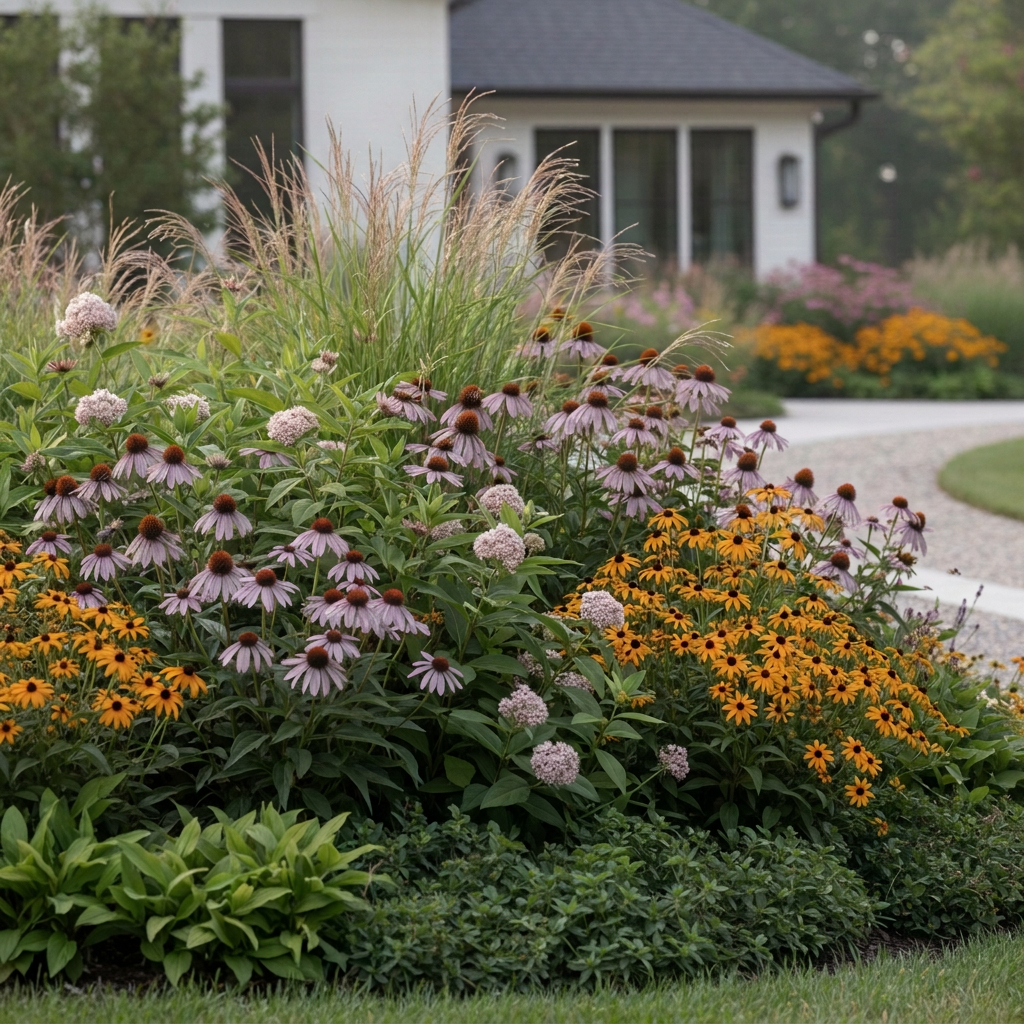 A close-up, photographic view of a lush native pollinator habitat bed in an NC Piedmont residential garden. Clumps of coneflower, black-eyed Susan, and native grasses sway on a gentle hill, interplanted with milkweed and groundcovers. Bees and butterflies are suggested by soft motion blur or small, out-of-focus shapes, without becoming the main subject. The background reveals a hint of a tidy, modern home and a permeable gravel path, softly blurred with shallow depth of field. Soft morning light filters across the blooms, creating a serene, dewy atmosphere with delicate highlights on petals and seed heads. The mood is vibrant yet peaceful, emphasizing ecological function and refined, boutique design sensibility.
